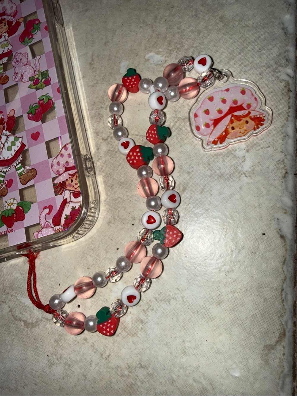 iPhone 16 Pro Max Case - Strawberry Shortcake with Matching Beaded Strap - Picture 3 of 5